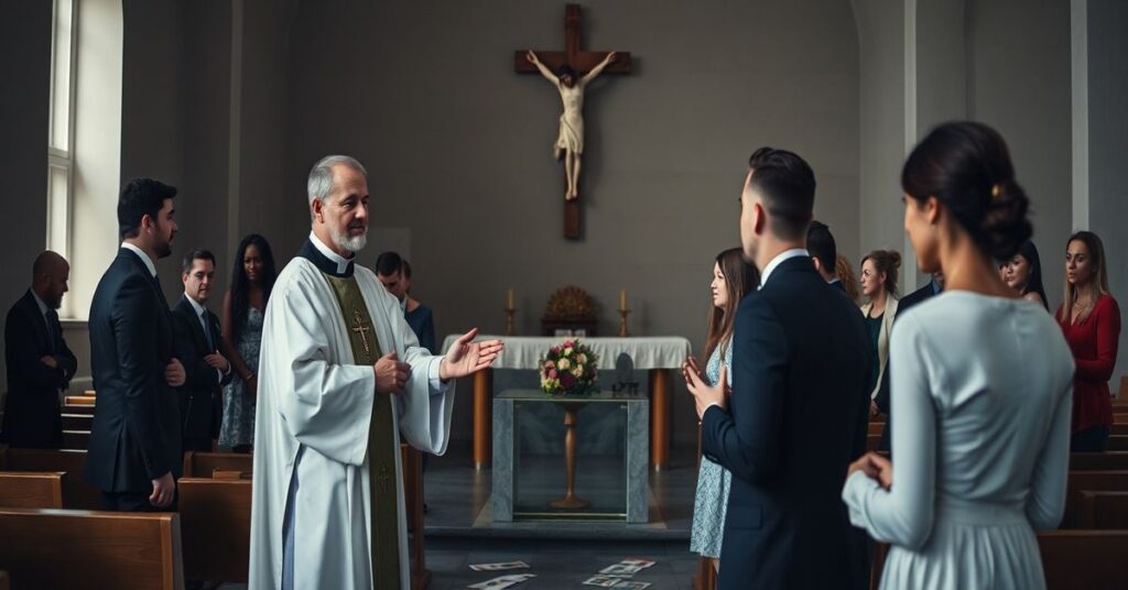 Ciasny wnęka kościoła w Radomiu z kapłanem w sutannie przed grupą narzeczonych. Kapłan wskazuje na krucyfiks, podkreślając sakralny charakter małżeństwa.