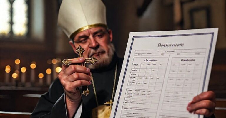 Tradycyjny kapłan w ciemnym koście patrzyś na dokumenty medyczne "Mounjaro" i "Ozempic" z troskliwym wyrażzeniem twarzy, symbolizując konflikt wiary z nowoczesną medycyną