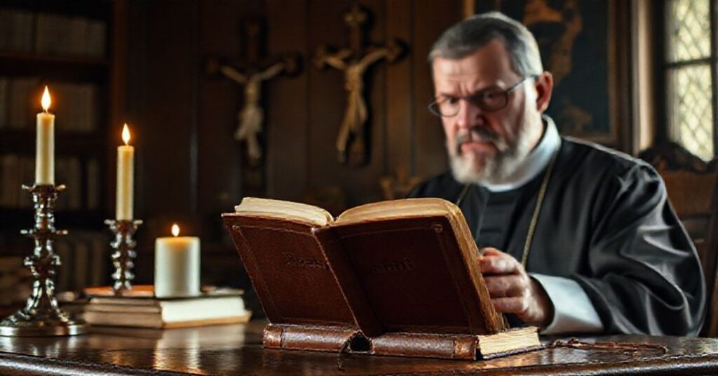 Stary księgozbiór z książką Kaliny Błażejowskiej 'Bezduszni', kapłan katolicki refleksuje nad plagiatem w kontekście chrześcijańskiej moralności.