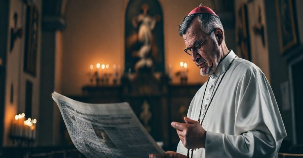 Kapelan w tradycyjnym stroju kościelnym, patrząc z troską na gazetę z nagłówkiem o pielgrzymce Leona XIV do Turcji, w tradycyjnej kaplicy katolickiej.