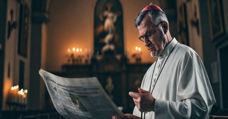 Kapelan w tradycyjnym stroju kościelnym, patrząc z troską na gazetę z nagłówkiem o pielgrzymce Leona XIV do Turcji, w tradycyjnej kaplicy katolickiej.