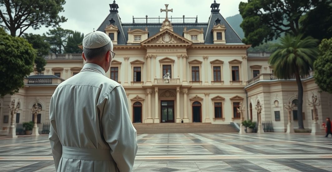 Rewersyjne zdjęcie katolickiego kapłana przed letnią rezydencją w Castel Gandolfo, ukazujące kontrast skromności i luksusu, refleksja nad zjawiskiem apostazji papieża