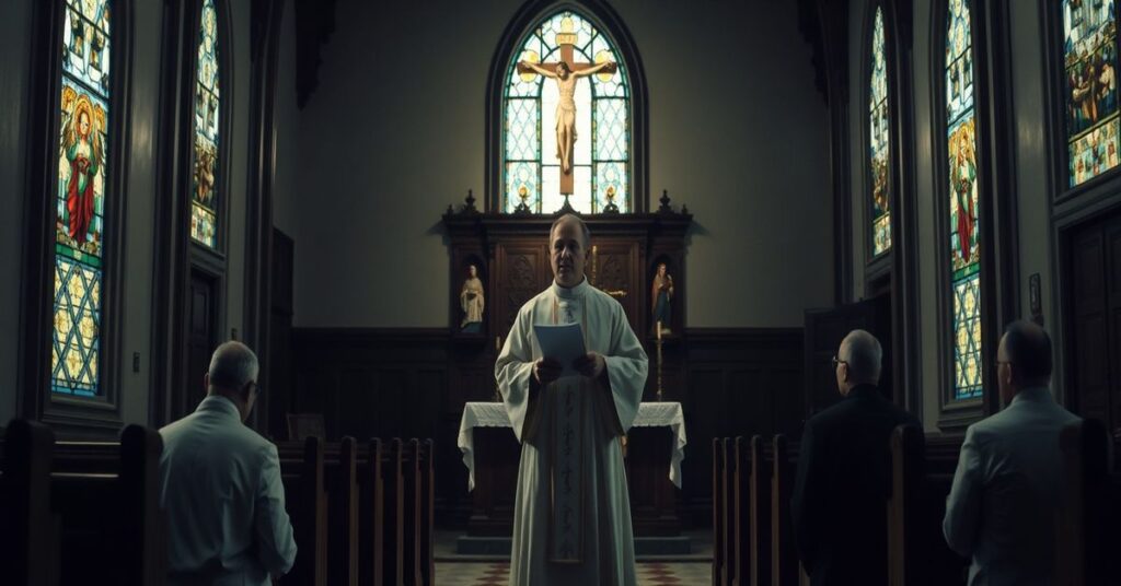 Wierny kapłan w tradycyjnych szatach liturgicznych przed ołtarzem z krzyżem w ciemnym kościele gotyckim