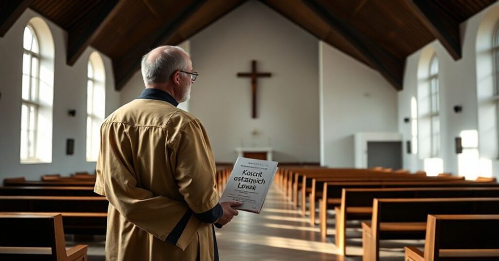 Kapłan katolicki w tradycyjnych szatach liturgicznych stoi przed pustym kaplicłnym z nowoczesnym projektem, trzymając książkę "Kościół ostatnich ławek". Wyraz twarzy wyraża głęboki niepokój.