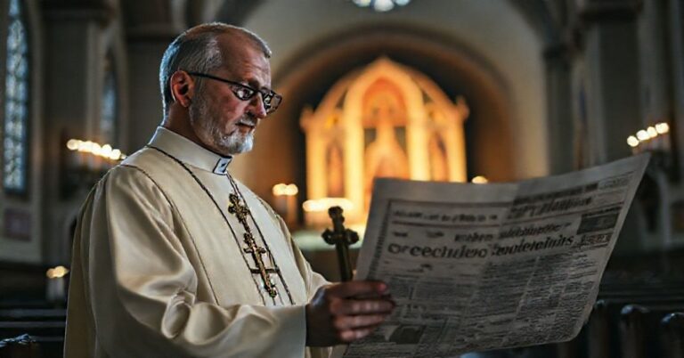 Kapłan w tradycyjnych szatach liturgicznych w kościelnym wnętrzu z nowinami o sankcjach wobec Rosji