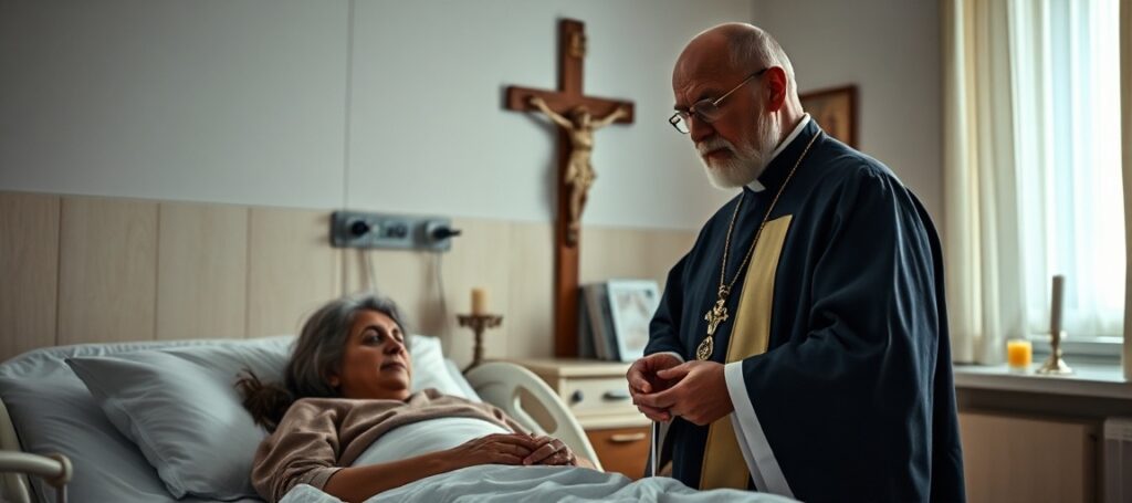 Kapłan w tradycyjnym habitach stoi obok łóżka ciężko rannej Polki, udzielając sakramentu chorych w szpitalu