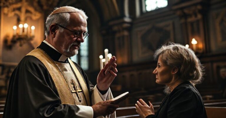 Tradycyjny katolicki kapłan udzielający sakramentu pokuty osobie głuchej w historycznej kaplicy z urządzeniem Migam w tle