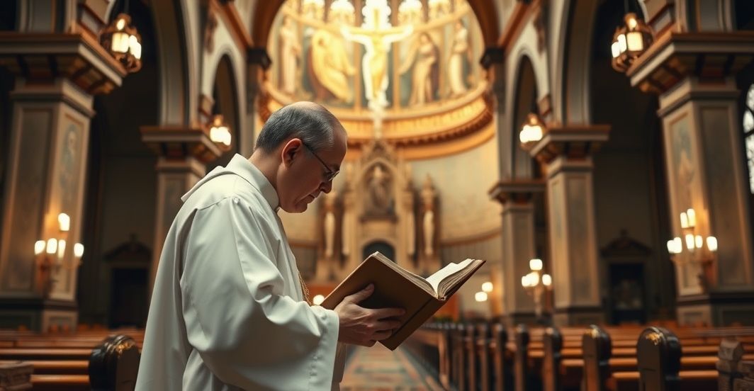 Sanktuarium katolickie z kapłanem w modlitwie, symbolizujące powagę nauczania Kościoła wobec moralnych zagrożeń modernizmu.