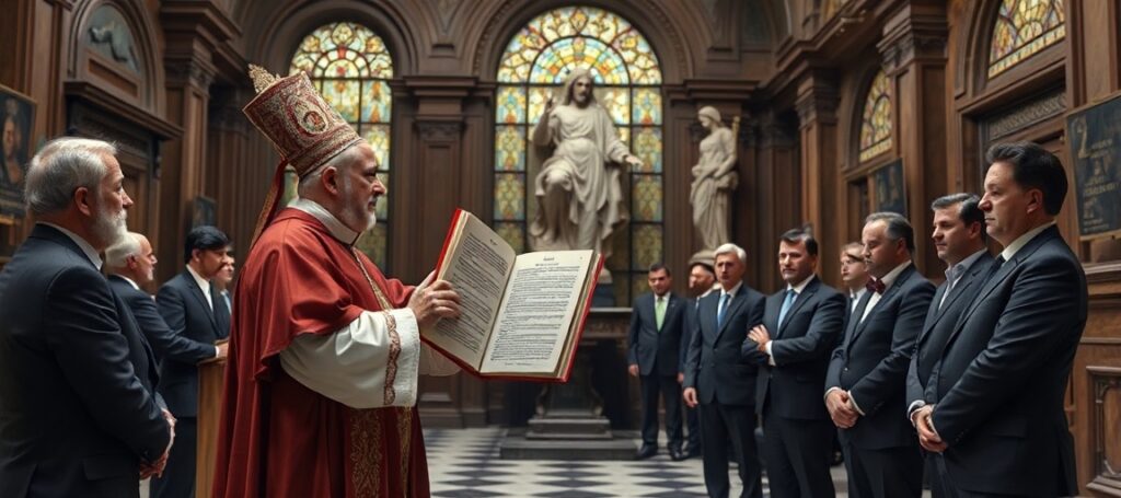 Tradycyjny katolicki scenariusz przedstawiający uroczysty moment w historycznej europejskiej sali bankowej, w której surowy kapłan sedevacantysta przemawia do grupy bankierów. Kapłan trzyma duży, oświetlony egzemplarz encykliki 'Quas Primas' Piusa XI, podczas gdy bankierzy w nowoczesnych garniturach wyglądają niezrównoważeni, otoczeni starokatolicką ikonografią, w tym statuą Chrystusa Króla i witrażami. Atmosfera jest poważna i pobożna, podkreślając kontrast między prawdziwą nauką społeczną katolicką a współczesnym finansowym humanizmem.