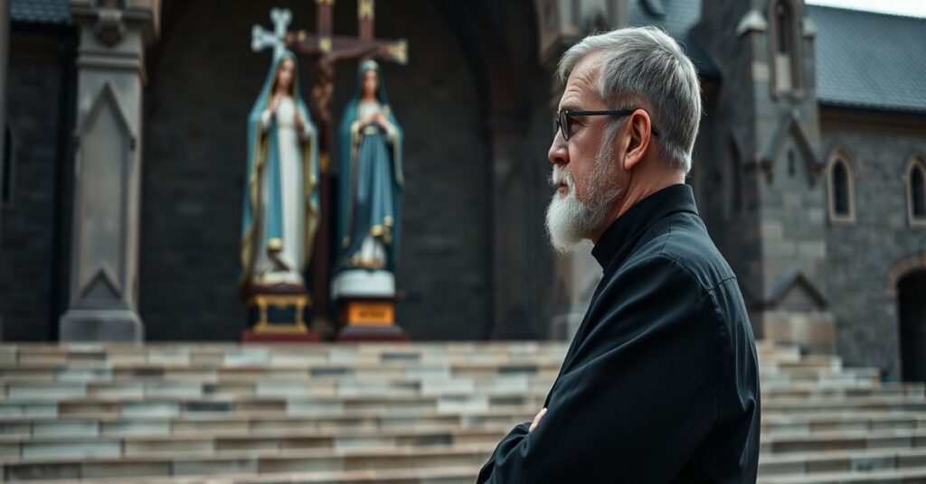 Prawdziwy kapłan katolicki w tradycyjnym habitacie stojący przed sanktuarium Kalwarii Zebrzydowskiej, patrzący na tradycyjną figurę Matki Bożej.
