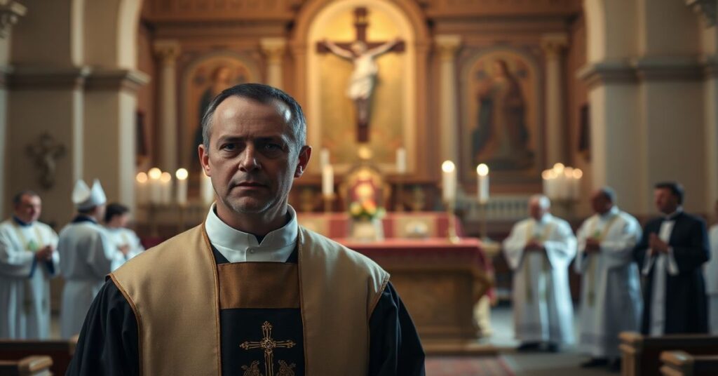 Tradycyjny katolicki kapłan w szatach liturgicznych przed ołtarzem w cieniu apostazji modernistycznej