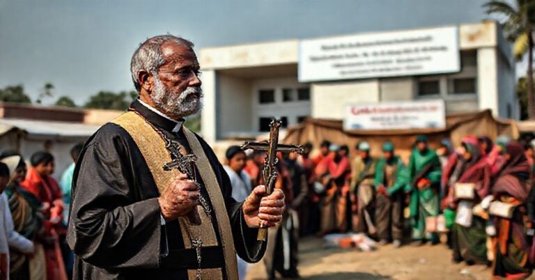 Przykład tradycyjnego kapłana katolicyzmu sedevacantystowskiego stojącego przed uchodźcami Rohingya w obozie w Cox's Bazar, Bangladesh