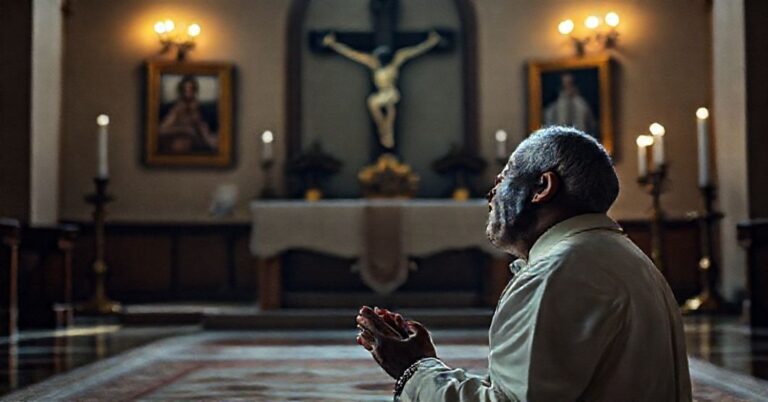 Portret sedewakantysty kapłana modlącego się przed tradycyjnym ołtarzem katolickim z troską o ludność Afryki