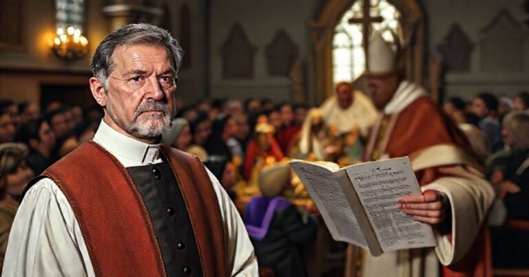 Prawowierny kapłan sedewakantystów w tradycyjnej szacie stoi przed szopką Bożego Narodzenia w ciemnym kościele, wyrażając głęboką troskę. W tle antypapież w papieskich szatach błogosławi figurki Bambinelli przygotowane przez dzieci.