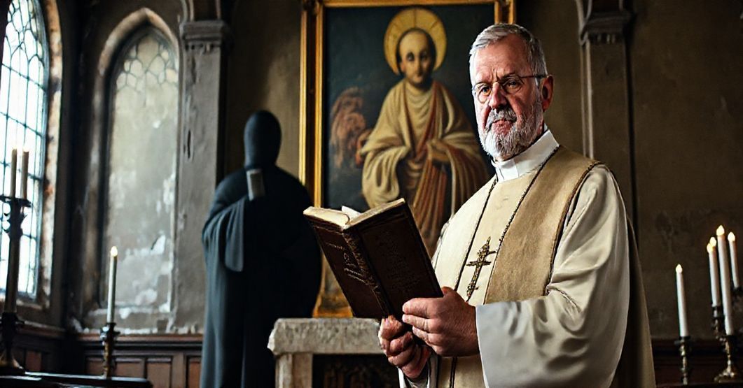 Tradycyjny katolicki kapłan sedevakantystowski stoi przed ołtarzem w starej kościołe, trzymając Kodeks Prawa Kanonicznego z 1917 roku. W tłu znajduje się obraz papieź Św. Piusa X