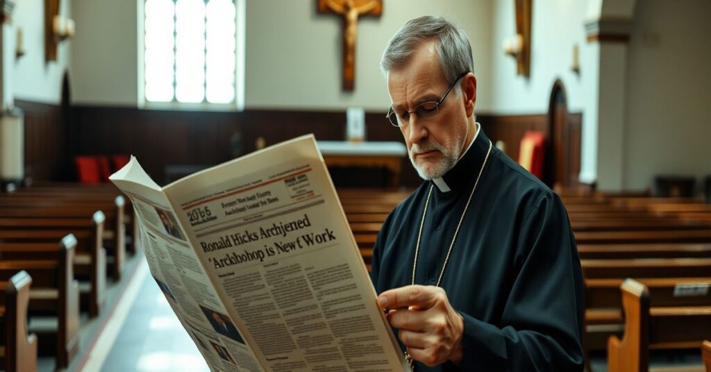 Prywatny moment w tradycyjnym kościele z zabytkowym ołtarzem i krzyżem. Kapłan sedewakantysta w sutannie czyta wiadomość o mianowaniu Ronalda Hicksa na 'arcybiskupa' Nowego Jorku, wyrazem jego twarzy jest głęboka zmartwienie i smutek.
