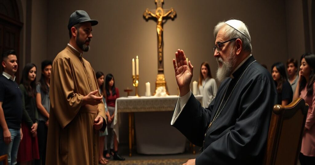 Portret tradycyjnie ubranego kapłana sedewakantystów stojącego przy ołtarzu z krzyżem i świecami podczas audiencji z 'Papieżem' Leonem XIV. Na obrazku widoczne są również młodzi ludzie słuchający go z troską.