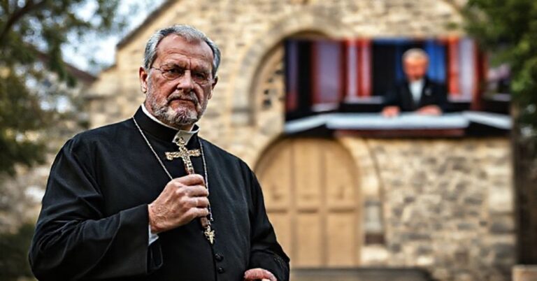 Poważny tradycyjnie ubrany kapłan sedewakantystowski stoi przed starym kościołem z krzyżem, wyrażając głęboką troskę o apostazję modernistycznego duchowieństwa.