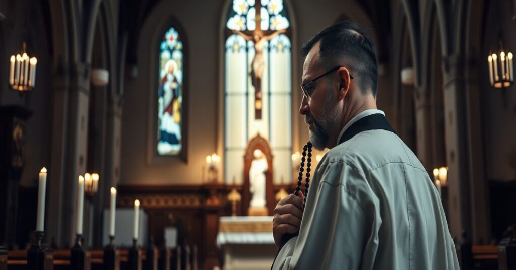 Sedevacantysta kapłan modlící się przed tabernakulum w tradycyjnym kościele katolickim