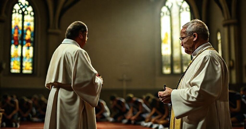 Kapłan w tradycyjnych szatach liturgicznych stojący w kościele z różańcem w ręku, przed nim kolana złożyli sportowcy w modlitwie.