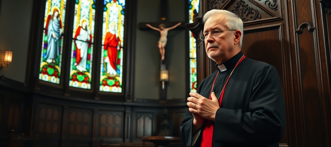 Prawdziwy kapłan katolicki w tradycyjnym habitacie stoi przed spowiednikiem w ciemnym kościele z witrażami przedstawiającymi Chrystusa Króla i świętych.