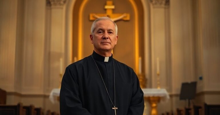 Kapłan katolicki w tradycyjnym stroju przed ołtarzem, wyraz powagi i sprzeciwu wobec współczesnej edukacji religijnej