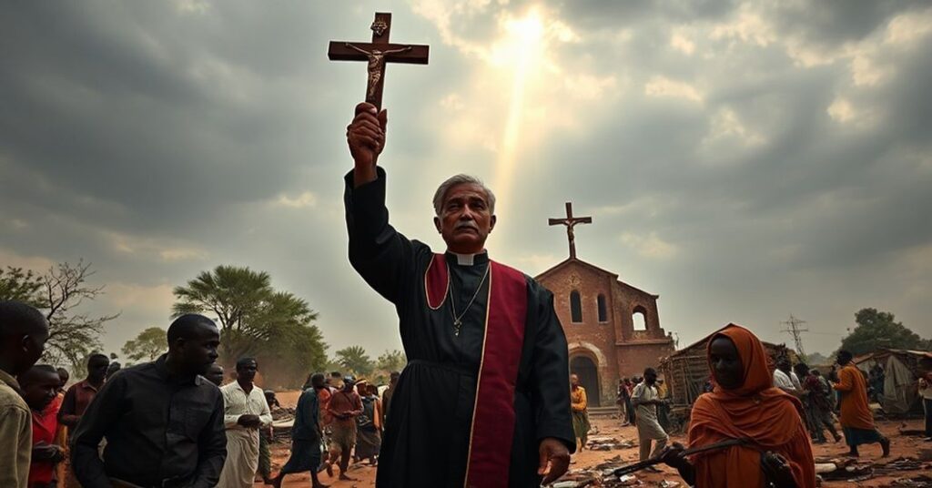 Tradycyjny katolicki kapłan sedevacantystowski w zniszczonej wiosce w Sudanie Południowym, trzymający krzyż przed ruinami kościoła.