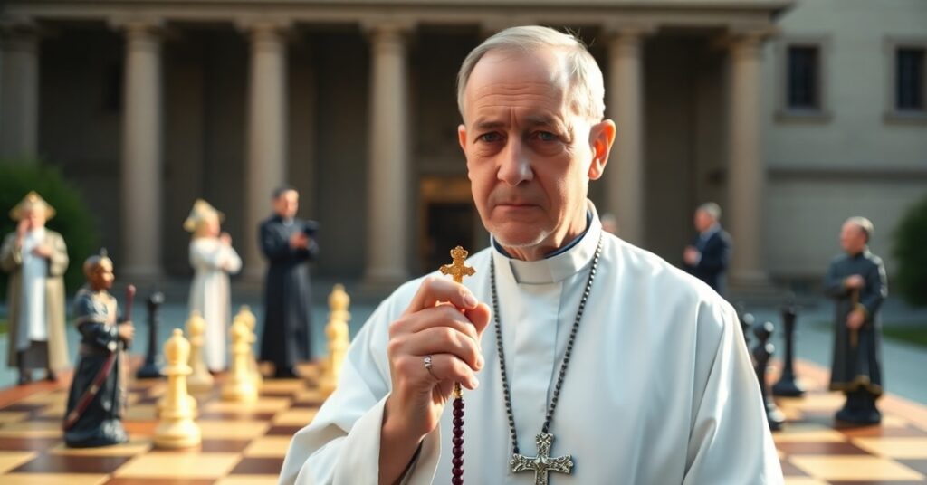 Kapłan katolicki przed Collegium Marianum w Pelplinie z różańcem i pionkiem szachowym