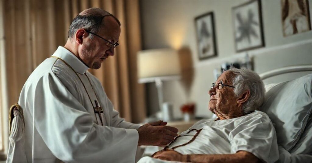 Tradycyjny kapłan katolicki w szpitalu udzielający chrztu umierającemu pacjentowi z różańcem i statuą Matki Boskiej na stole