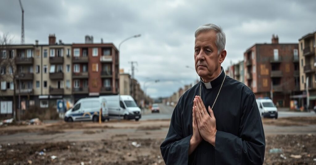 Sobótni kapłan modli się przed ruinowanym miastem w Szwecji, symbolizując duchowe upadanie społeczeństwa