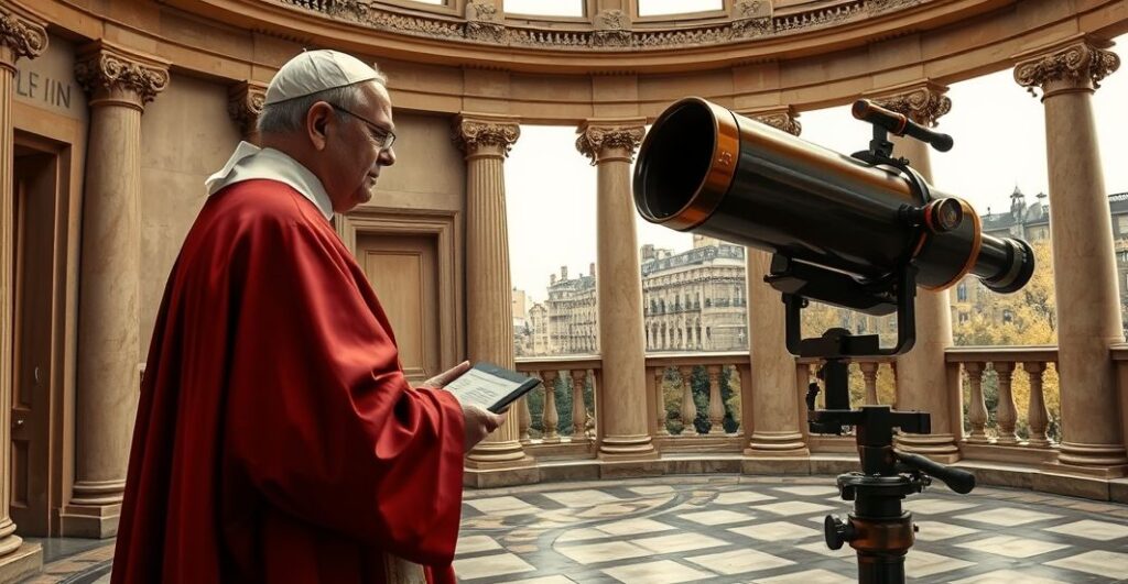 Kapłan w liturgicznych szatach, modlitewnie patrzący na stary teleskop w tradycyjnym obserwatorium, symbolizujący katolicką wiarę i sprzeciw wobec modernistycznej astronomii