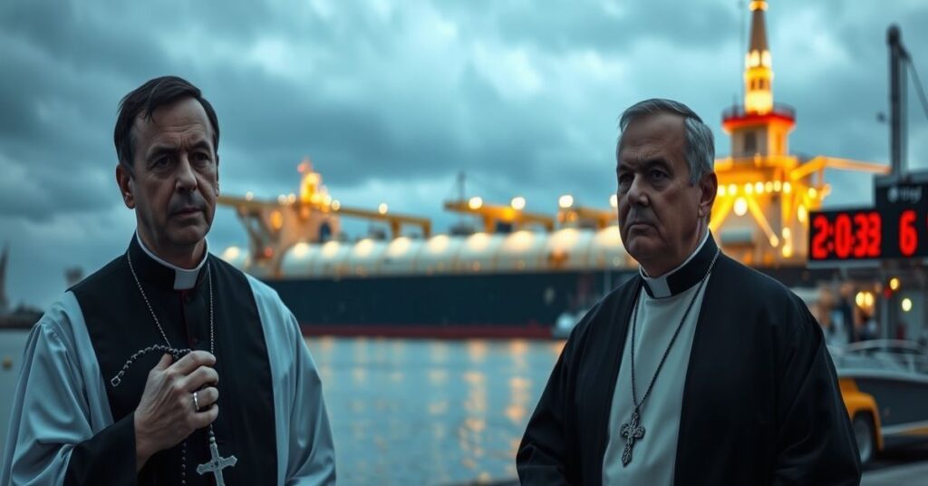 Kapłan w tradycyjnych szatach modlący się przed terminalem LNG na tle kościoła