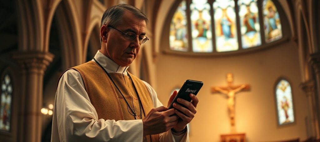 Sobór katolicki z tradycyjnym prezbiterium i kapłanem w habitach korzystającym ze starego telefonu z napisem 'Bonus: Brumation and Bohemia'.