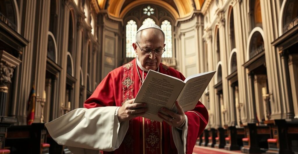 Rekwizyt religijny, kapłan w liturgicznych szatach czytający encyklikę papieską w tradycyjnej świątyni, ukazujący powagę i wierność wierze katolickiej
