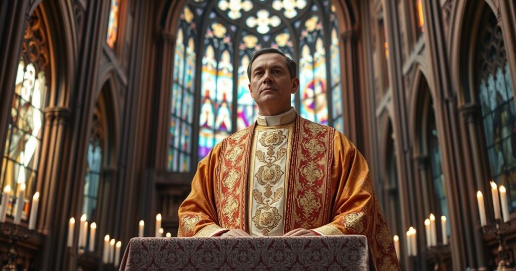 Kapłan w sutannie w tradycyjnej świątyni katolickiej, symbolizujący wierną naukę Kościoła w obliczu modernistycznych tendencji
