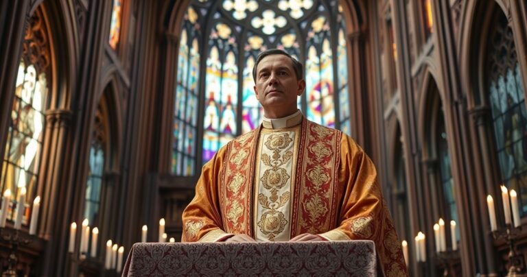 Kapłan w sutannie w tradycyjnej świątyni katolickiej, symbolizujący wierną naukę Kościoła w obliczu modernistycznych tendencji