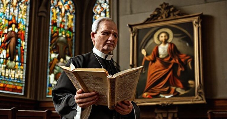 Książę w tradycyjnym stroju kościelnym trzyma kopię Encykliki Piusa XI "Quas Primas", patrząc na nowoczesne malowidło promujące humanistyczną ideologię w kościele