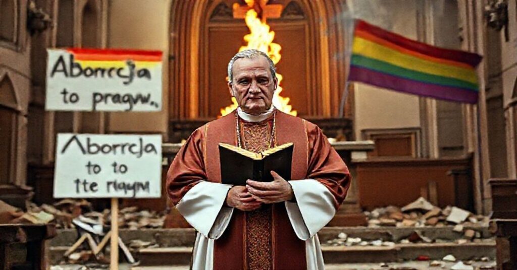 Ksiądz w tradycyjnych szatach katolickich stoi przed zrujnowanym ołtarzem kościoła, trzymając zamkniętą Biblię. Na tle widnieje transparent z napisem 'Aborcja to prawo' oraz palące się flagi LGBT.