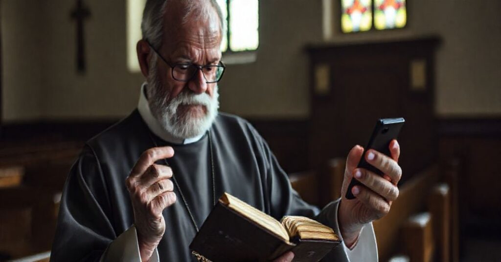 Tradycyjny kapłan katolicki w skromnej sakrystii patrzy smętnie na smartfona z cyfrowym kalendarzem parafialnym, trzymając w ręku stary brewiarz