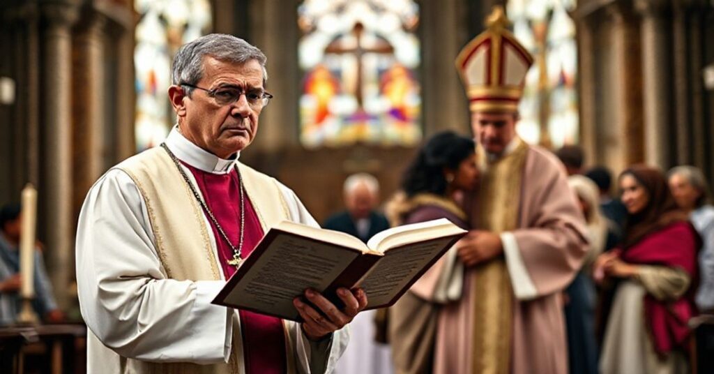 Prawdziwy kapłan w tradycyjnych szatach stojąc przed ołtarzem z otwartym Pismem Świętym, patrzy z powagą na modernistycznego „biskupa” w ekumenicznej szacie ciepło obejmującego grupę różnorodnych osób, w tym migrantów. Tło to rozmyty wnętrze katedry ze słabym światłem rozpraszającym się przez witraże.