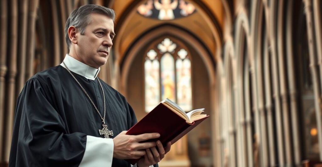 Zdjęcie kapłana katolickiego w tradycyjnej szacie stojącego w kościele, wyrażającego powagę i wierność tradycji katolickiej, refleksja nad zmianami posoborowymi