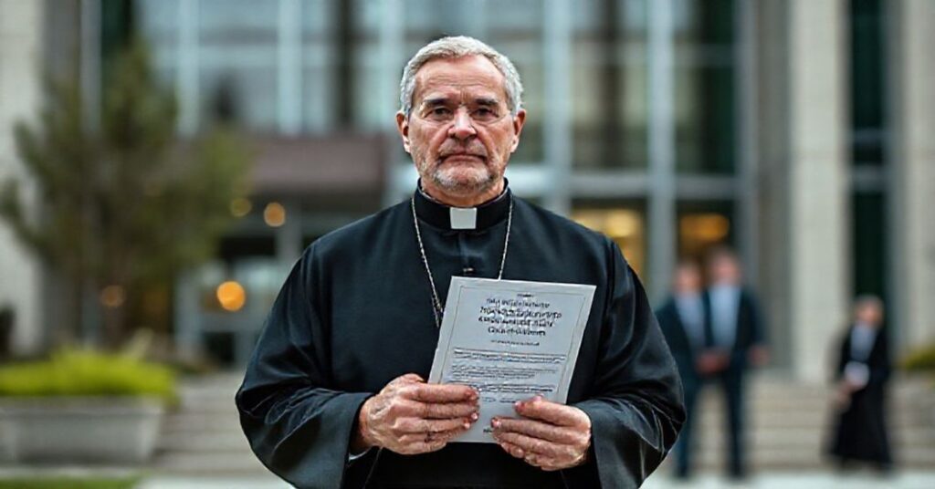 Kapłan w tradycyjnym ornacie stojący przed nowoczesnym centrum zdrowia z książą Ethical and Religious Directives for Catholic Health Care Services.