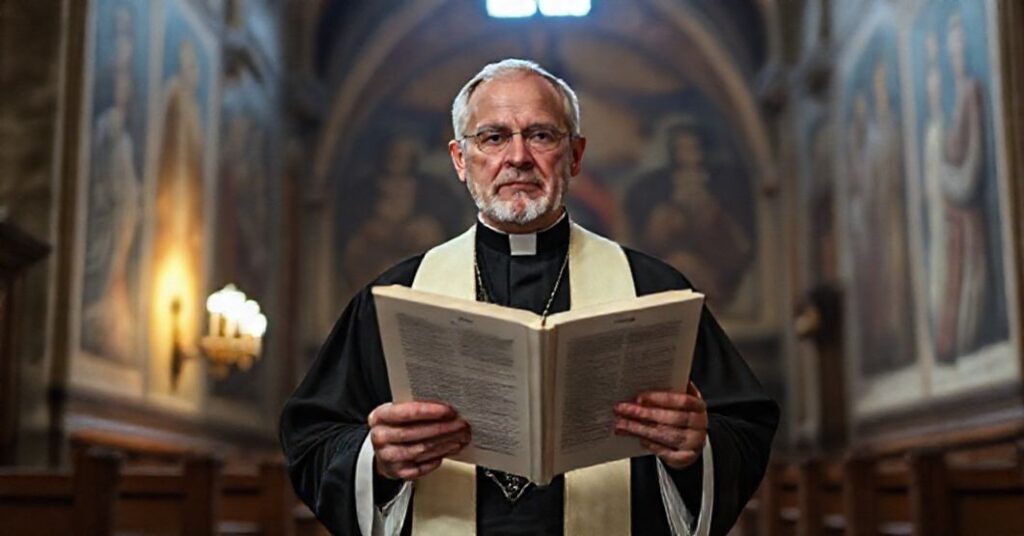 Tradycyjny katolicki kapłan w starocerkiewnym wnętrzu trzyma dokumenty Soboru Watykańskiego II z wyrażnymi obawami na twarzy.