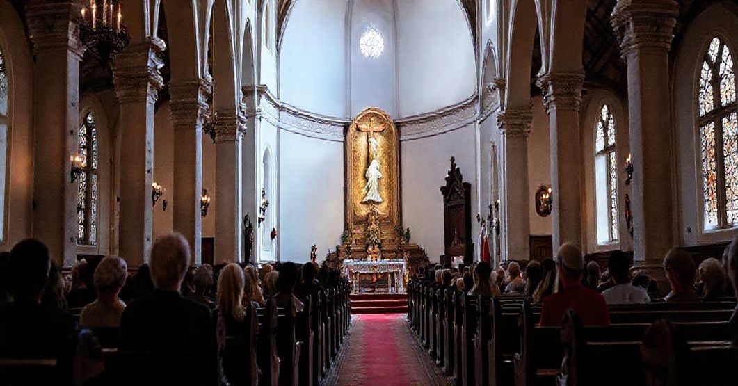 Stary kapłan w tradycyjnym stroju modli się w kościele