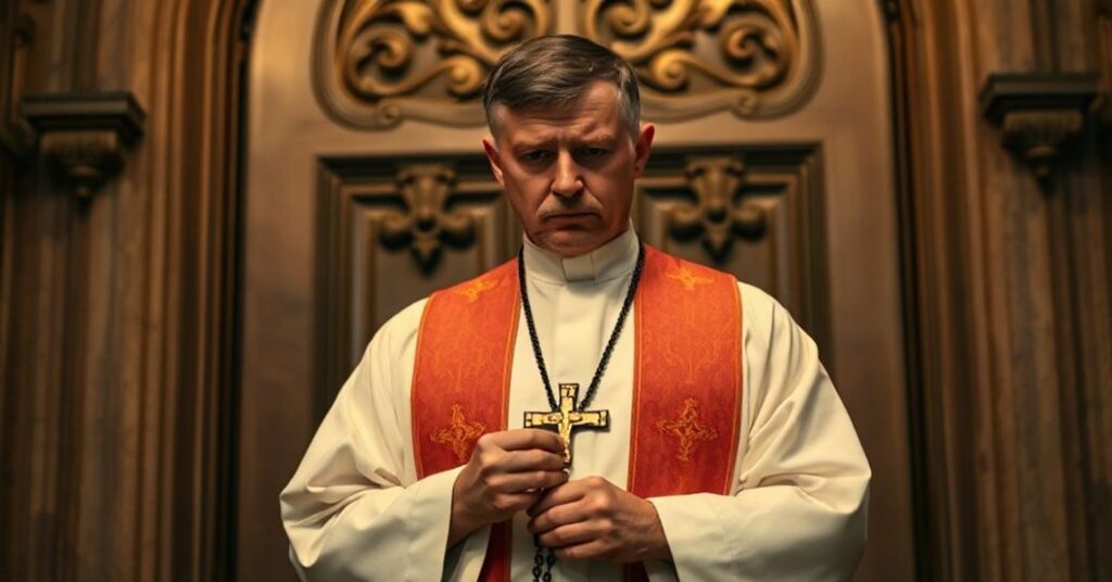 Kapłan w tradycyjnych szatach liturgicznych stojący przed zamkniętymi drzwiami kościola, trzymając rłęcznik. Wyraz twarzy wyraża smutek i rezygnację z powodu prześladowania tradycyjnej mszy.