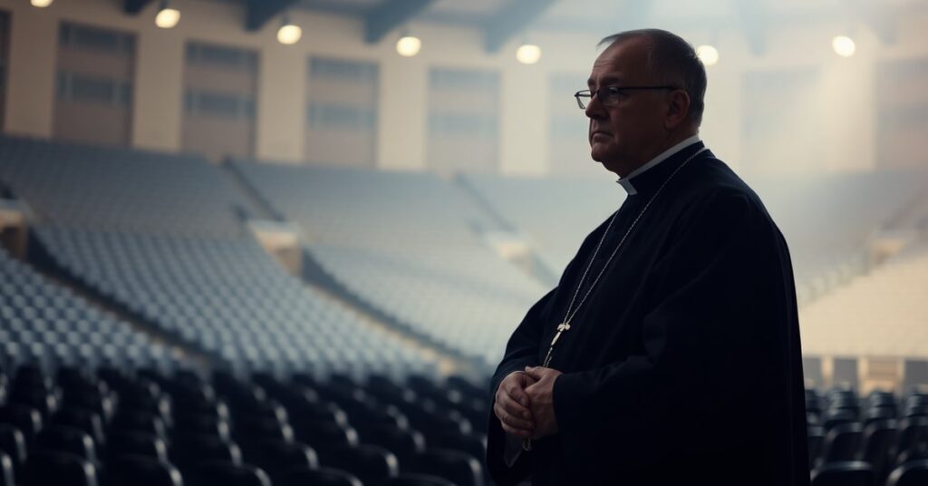 Prawdziwy kapłan katolicki w tradycyjnych szatach przed kościołem kontrastującym z pustym stadionem sportowym