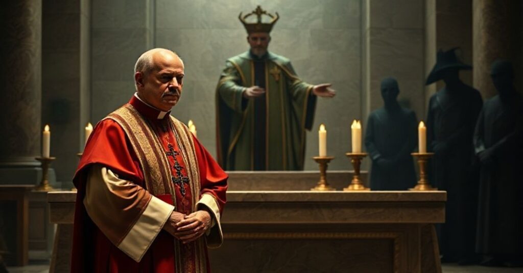 Tradycyjny kapłan w dekoracjach stojący przed ołtarzem w tradycyjnym kościele, z cieniąmi symbolizującymi nowoczesne zagrożenia dla tradycji katolickiej.