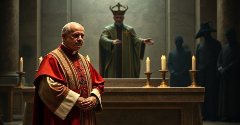 Tradycyjny kapłan w dekoracjach stojący przed ołtarzem w tradycyjnym kościele, z cieniąmi symbolizującymi nowoczesne zagrożenia dla tradycji katolickiej.