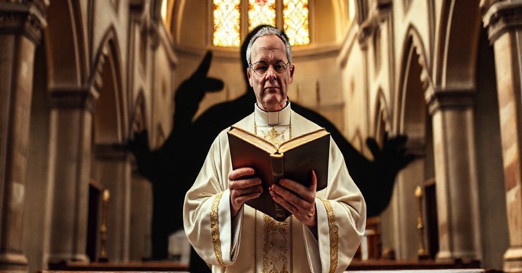 Tradycyjny kapłan w stroju liturgicznym stoi przy ołtarzu kościola, trzymając książynę doktryny. Tło symbolizuje opórzystwo katolickie wobec nowoczesnej herezji zawartej w Indeksie LGBT.