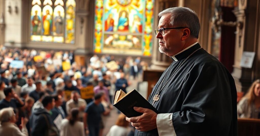 Tradycyjny kapłan katolicki patrzy z troską przez okno z witrażem na tętniące życiem miasto z aktywistami i migrantami.